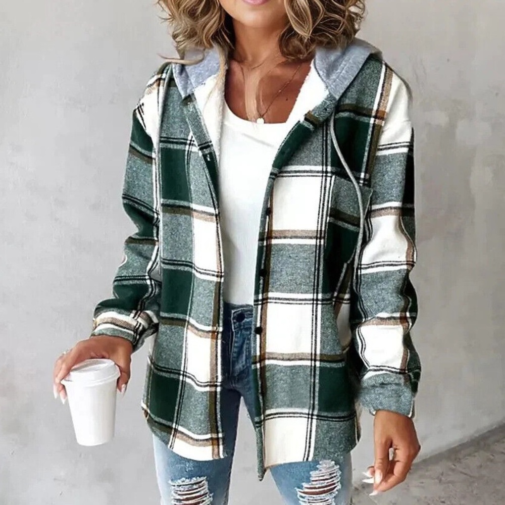 Plaid Button Down Shirt Green and White With Gray Hood NEW!